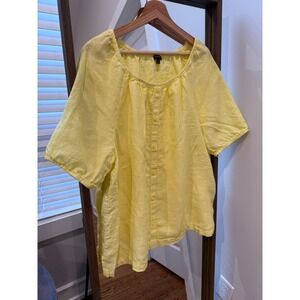 Talbots Yellow Linen Square Neck Button Front Elbow Sleeve Top Women's XL Boho